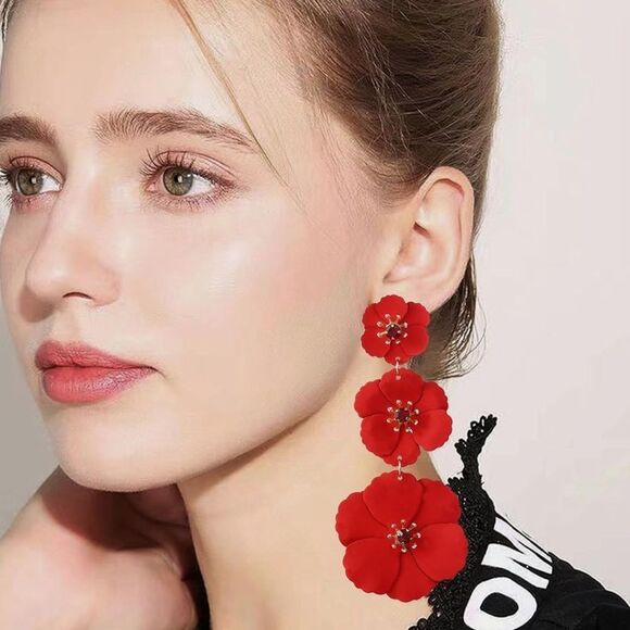 Elegant Red Floral layered flower Drop Earrings - Picture 1 of 10